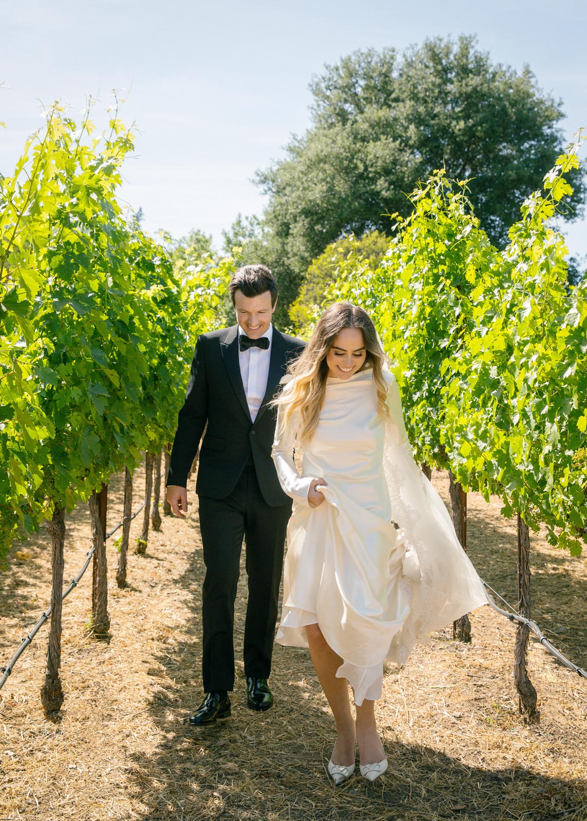 Wide shot of the couple walking toward the camera through grapevines.