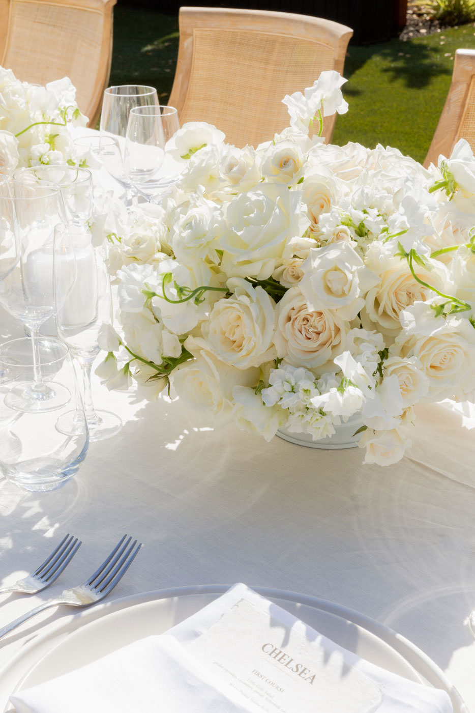 Close up shot of an all white centerpiece.