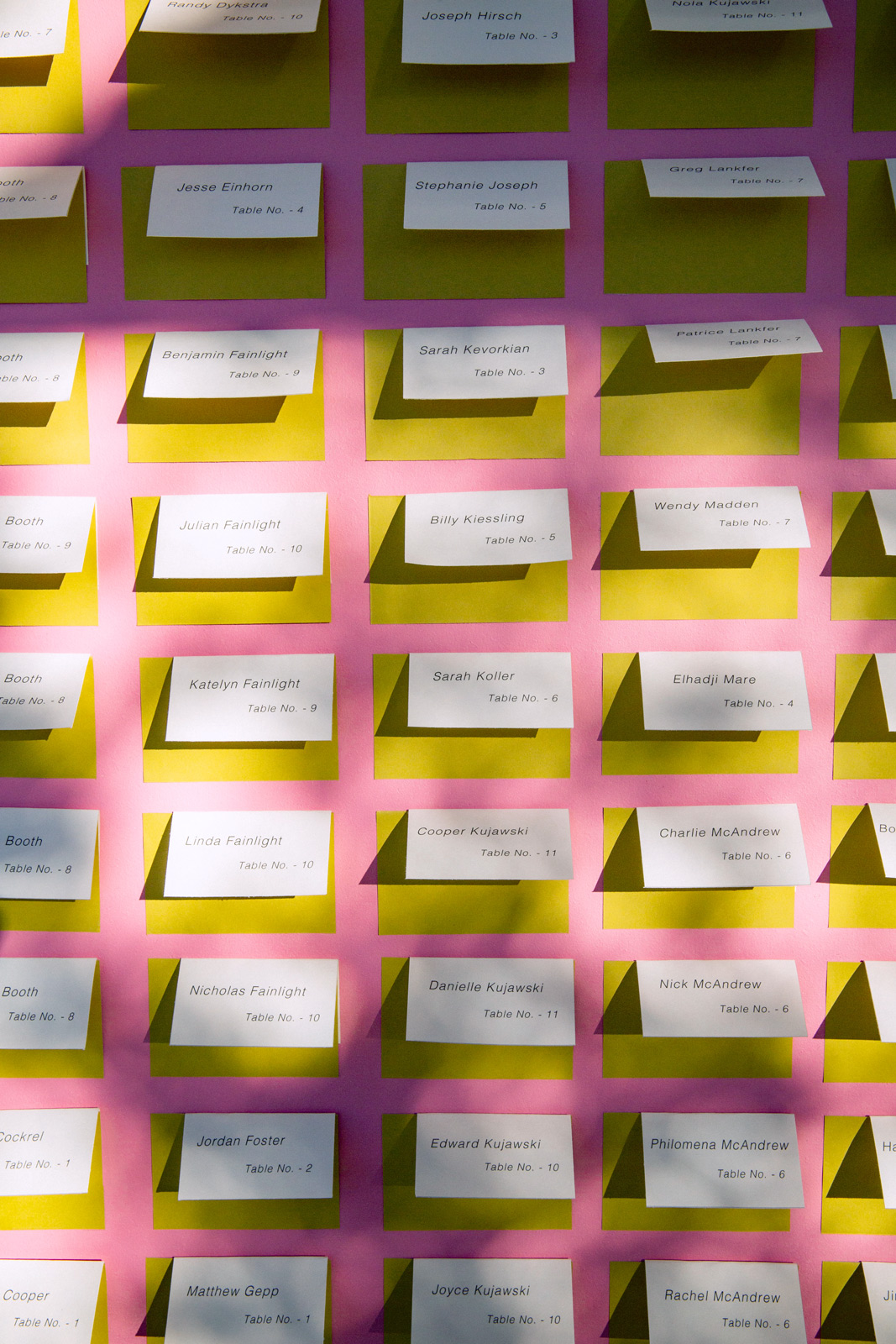 Close up of the table seating cards. The name cards themselves are white on a mustard colored paper with bright pink borders.