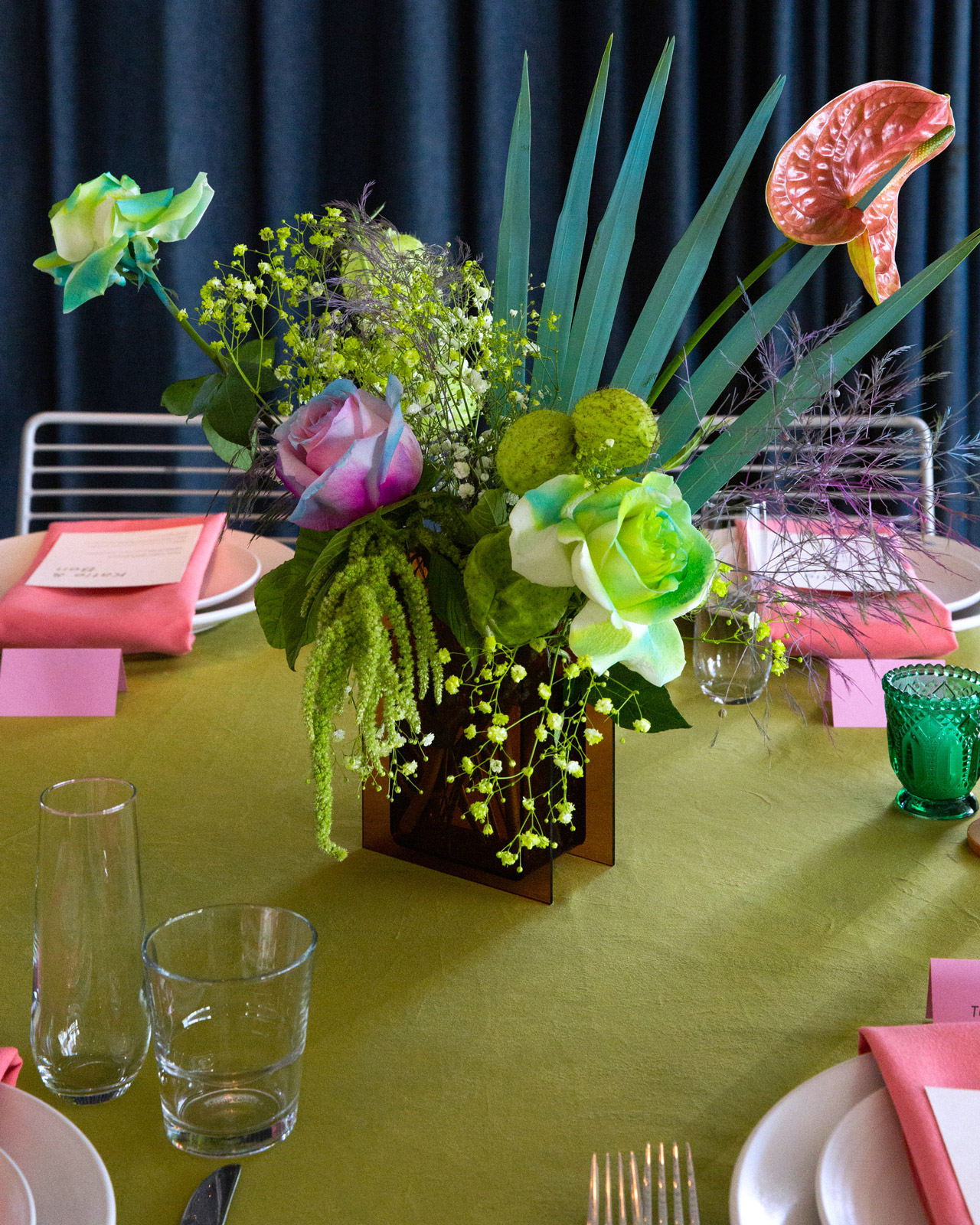 Close up of a floral arrangement. It