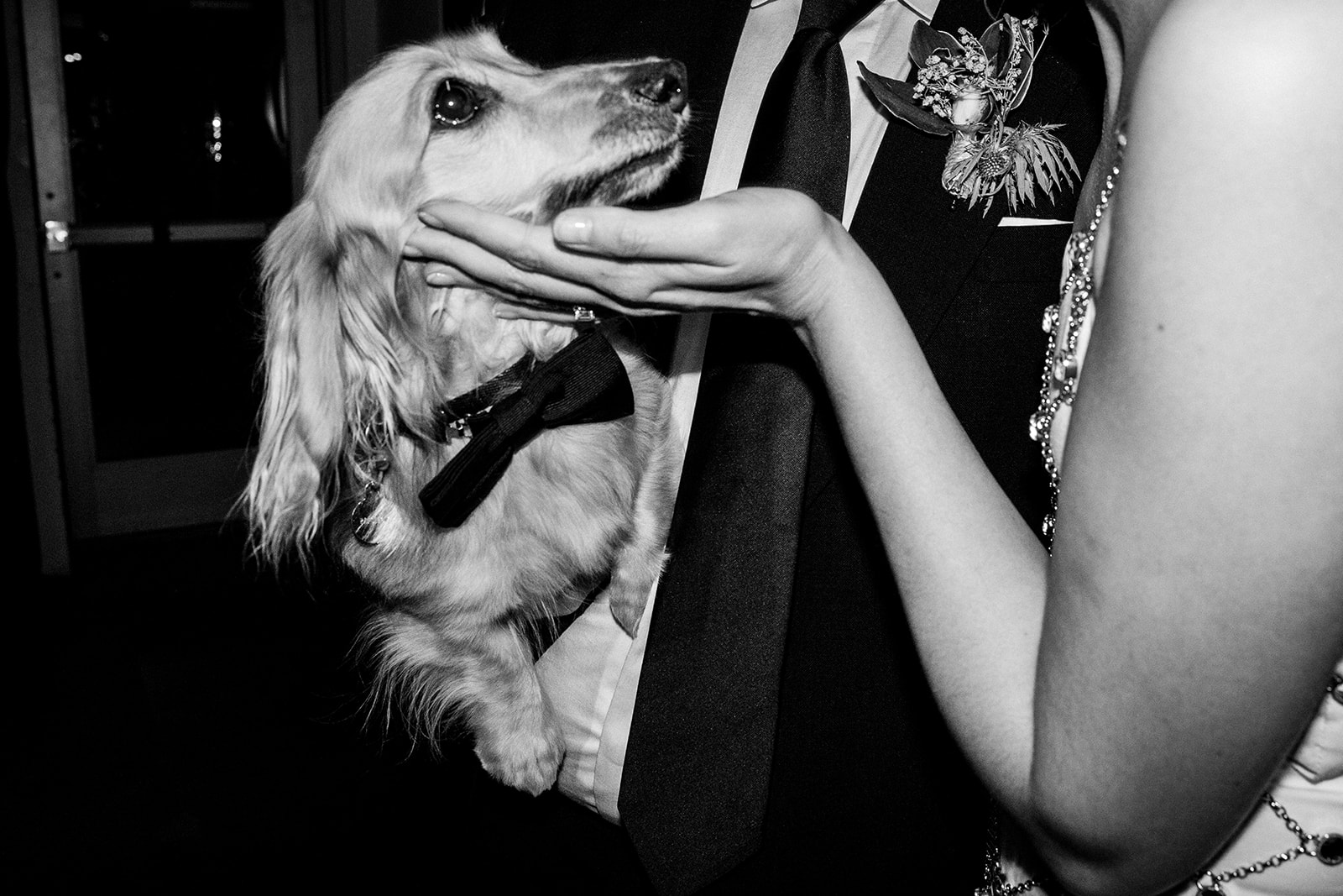Black and white close up of the couple holding their dog Raf.