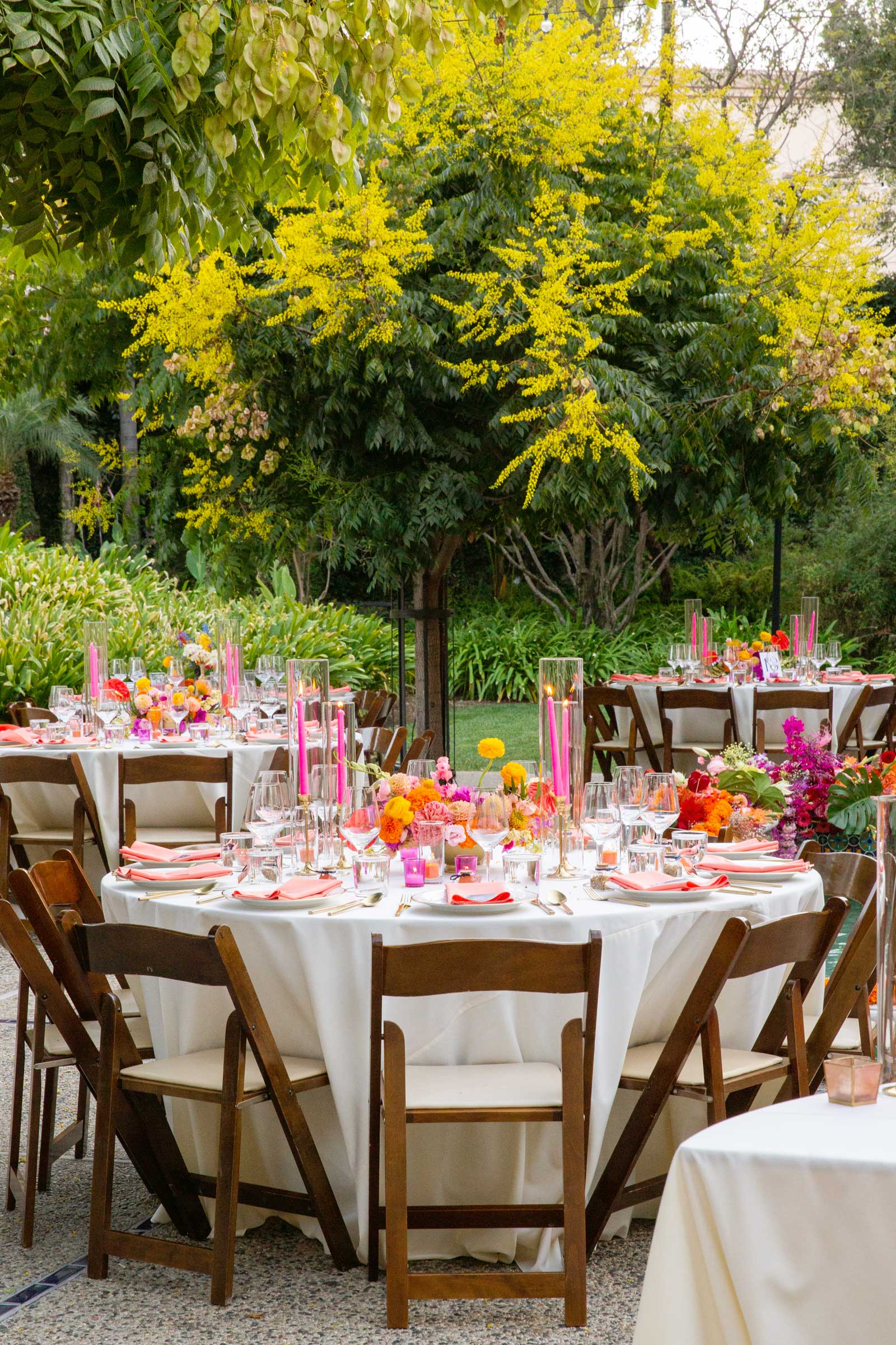 Medium shot of round reception tables.