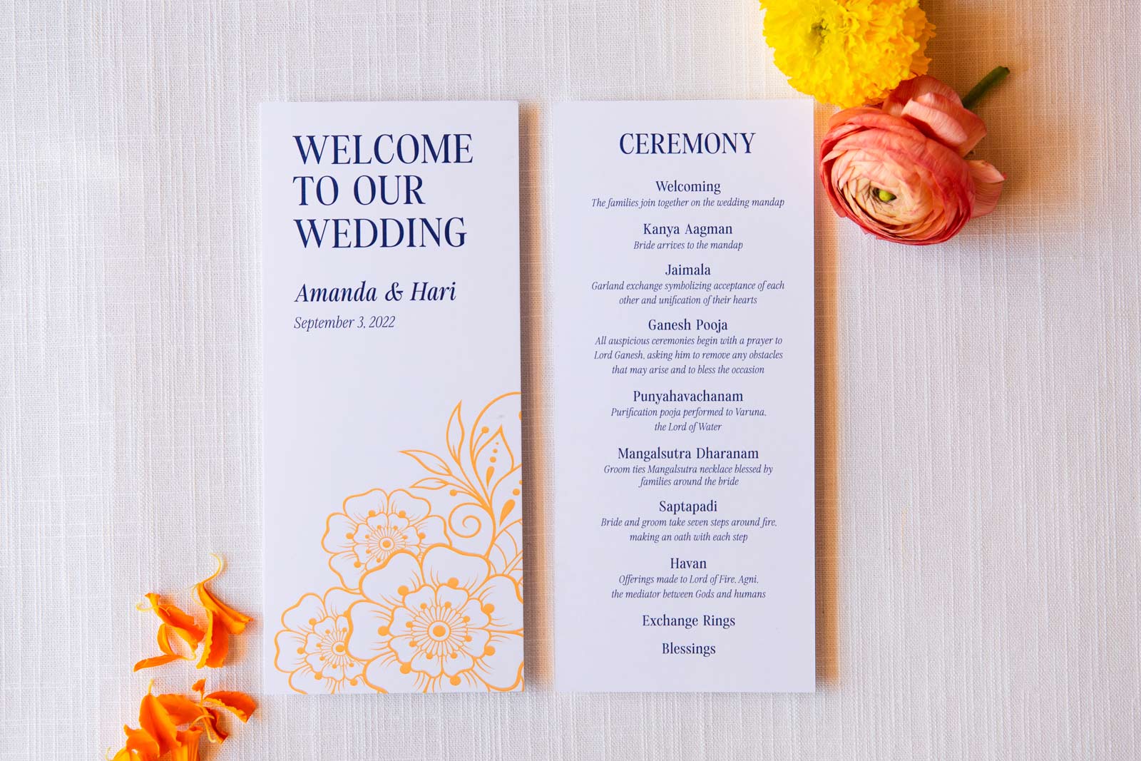 Close-up of the program detailing the ceremony. The program details traditional Hindu rituals such as the "Kanya Agaman" (bride