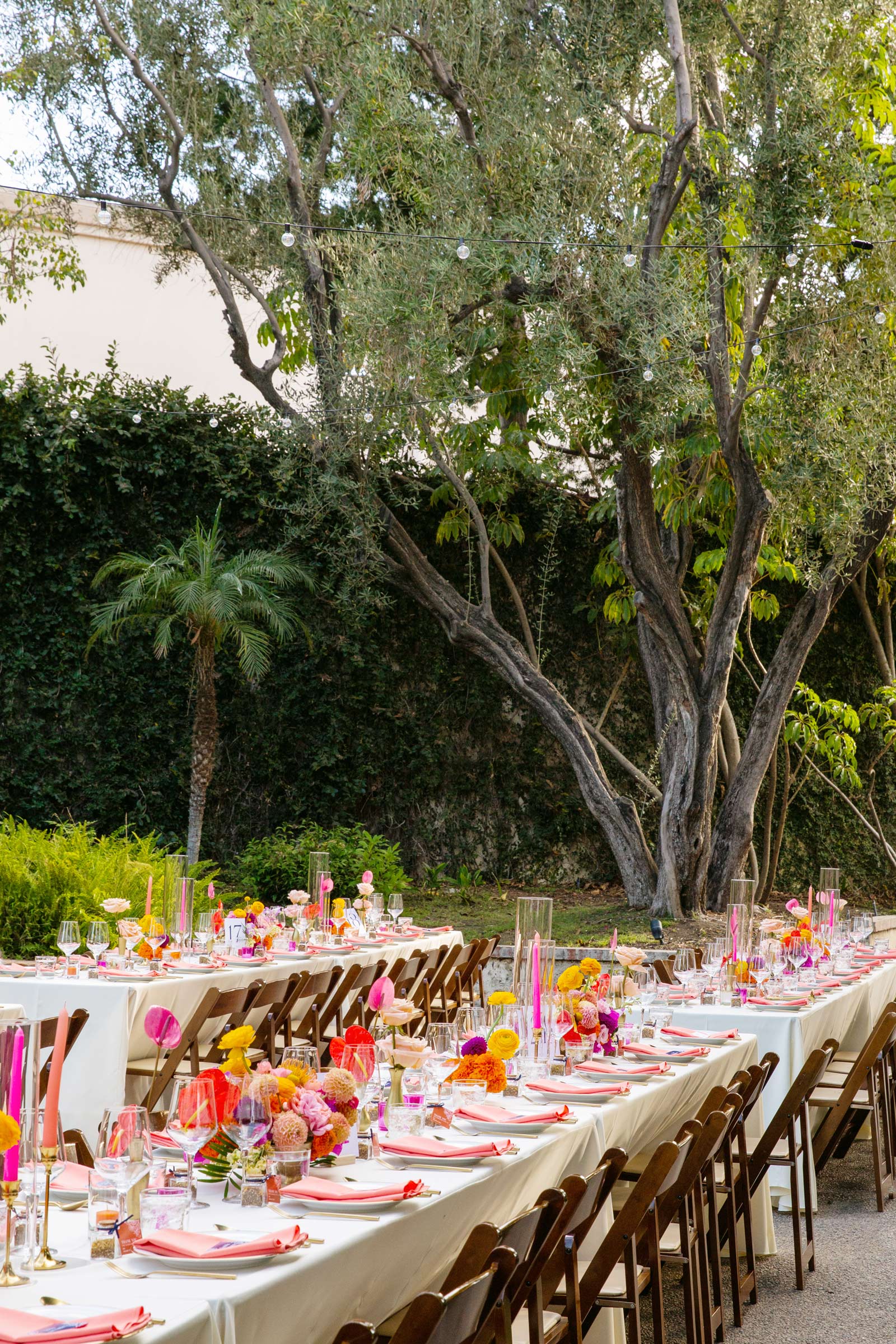 Medium shot of the long reception tables with mature trees in the background.